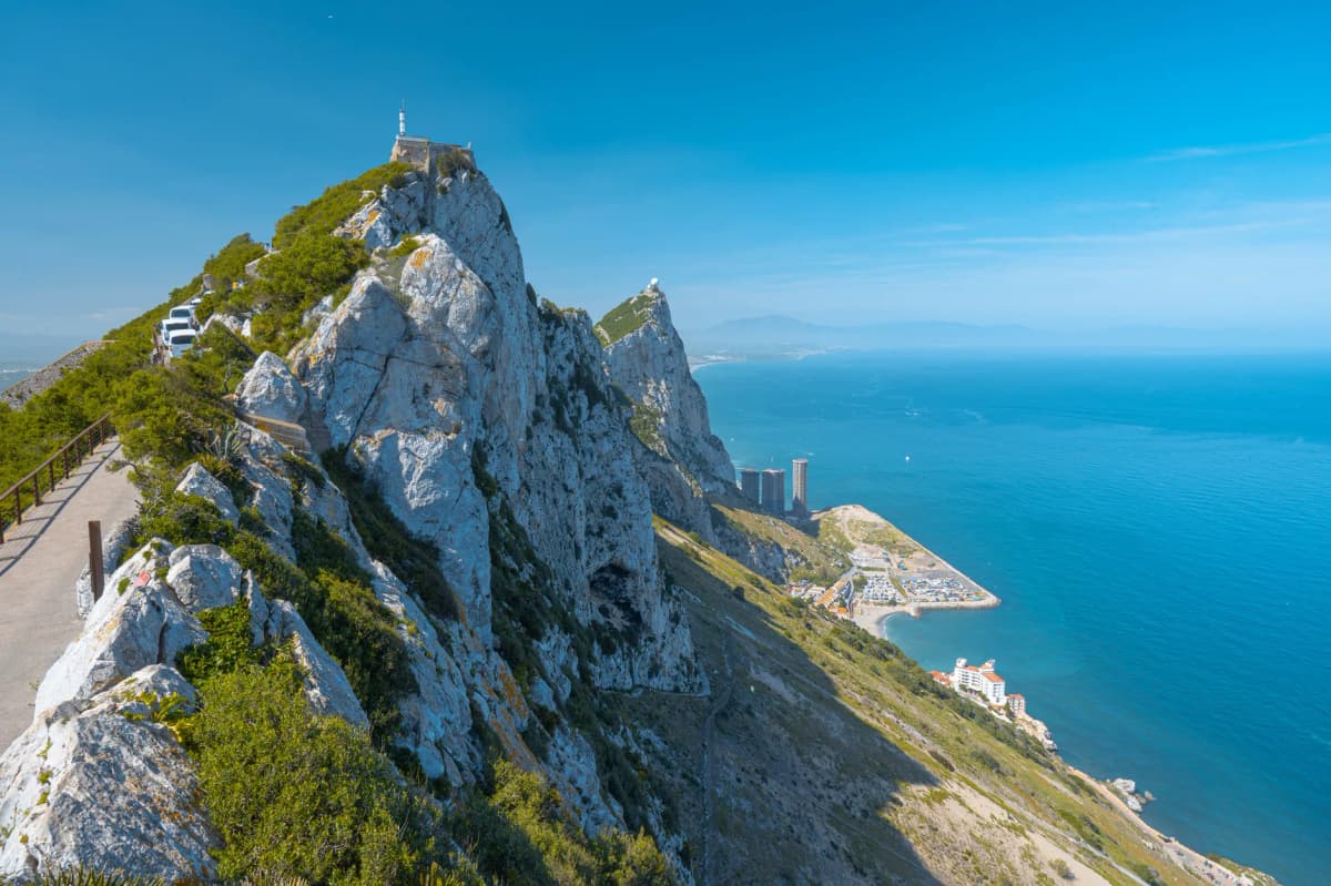 Stunning landscape of the Rock of Gibraltar with a clear blue sky and ocean.